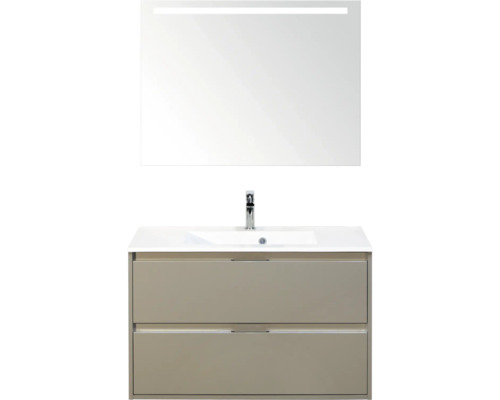SANOX Badkamermeubelset Porto kiezelgrijs 90 cm met twee lades incl. kunststenen wastafel met één kraangat en spiegel met verlichting Wastafelcombinatie met LED spiegel en twee lades