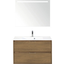 Wastafel met onderkast en spiegel met verlichting voor de badkamer