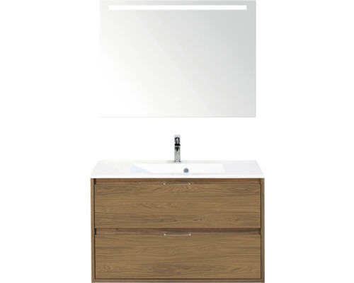 SANOX Badkamermeubelset Porto eiken 90 cm met twee lades incl. kunststenen wastafel met één kraangat en spiegel met verlichting Wastafel met onderkast en spiegel met verlichting voor de badkamer
