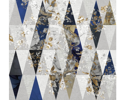 Geometrisch behangpatroon met bloem- en vogelmotieven