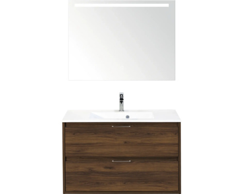 SANOX Badkamermeubelset Porto walnoot 90 cm met twee lades incl. kunststenen wastafel met één kraangat en spiegel met verlichting Wastafelcombinatie met spiegel en twee laden