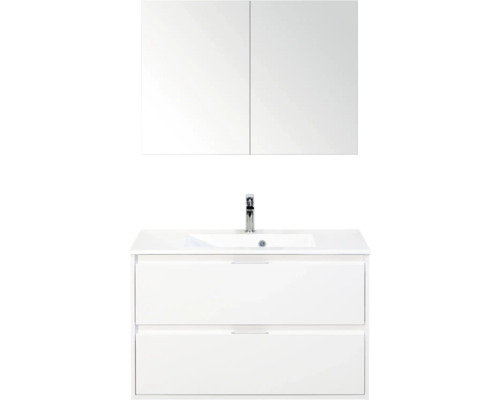 SANOX Badkamermeubelset Porto hoogglans wit 90 cm met twee lades incl. kunststenen wastafel met één kraangat en spiegelkast Wastafel met onderkast en spiegelkast voor de badkamer