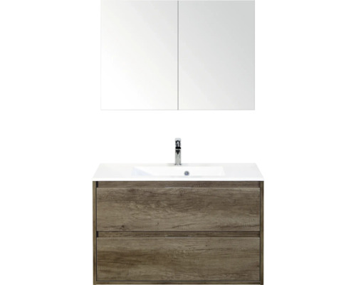 SANOX Badkamermeubelset Porto nebraska eiken 90 cm met twee lades incl. kunststenen wastafel met één kraangat en spiegelkast Wastafelmeubel met onderkast, wastafel en spiegelkast