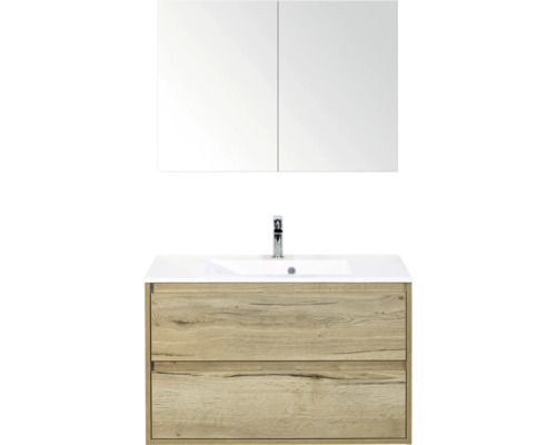 SANOX Badkamermeubelset Porto natuur eiken 90 cm met twee lades incl. kunststenen wastafel met één kraangat en spiegelkast Wastafelonderkast met spiegel en twee laden