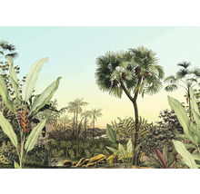 Illustratie van een tropisch landschap met palmbomen en weelderige vegetatie.