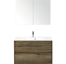 Wastafelmeubel met spiegel, wastafel en houtlook