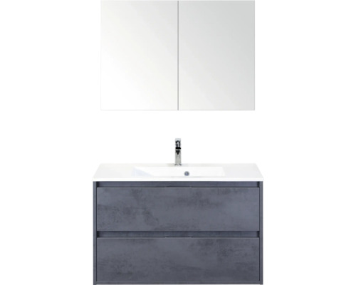 SANOX Badkamermeubelset Porto beton antraciet 90 cm met twee lades incl. kunststenen wastafel met één kraangat en spiegelkast Wastafelmeubel met wastafel en spiegelkast voor de badkamer