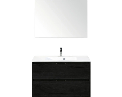 SANOX Badkamermeubelset Porto black oak 90 cm met twee lades incl. kunststenen wastafel met één kraangat en spiegelkast Wastafelcombinatie met spiegelkast en twee lades