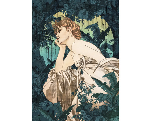 Decoratieve wanddecoratie met afbeelding van een vrouw en bloemmotieven