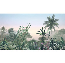 Illustratie van een tropisch landschap met diverse planten en palmbomen