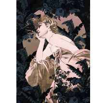 Illustratie van een elegante, bedachtzame vrouw in een bloemrijke omgeving