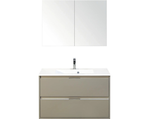 SANOX Badkamermeubelset Porto kiezelgrijs 90 cm met twee lades incl. kunststenen wastafel met één kraangat en spiegelkast Wastafelonderkast met spiegelkast in de badkamer