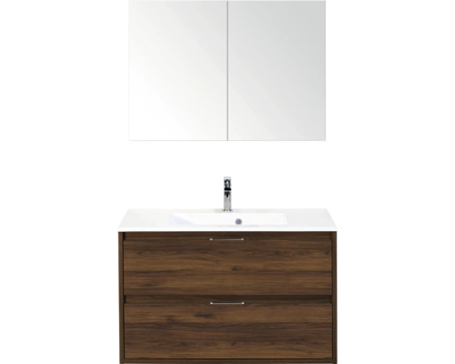 SANOX Badkamermeubelset Porto walnoot 90 cm met twee lades incl. kunststenen wastafel met één kraangat en spiegelkast Wastafelcombinatie met spiegelkast, wastafelonderkast met lades en wastafel