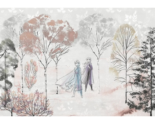 Behang met bosmotief en figuren uit de film Frozen.