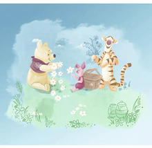 Illustratie met Winnie de Poeh, Knorretje en Teigetje die bloemen plukken voor een picknick