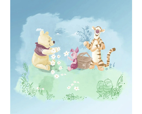 KOMAR Fotobehang vlies DX6-033 Disney Edition 4 Winnie the Pooh Picnic 300x280 cm Illustratie met Winnie de Poeh, Knorretje en Teigetje die bloemen plukken voor een picknick