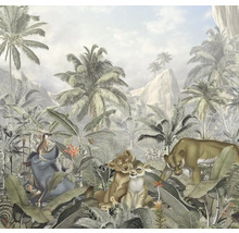 Illustratie van een junglelandschap met leeuwen, wrattenzwijn, apen en tropische planten