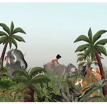 Jungle scène met Mowgli, Baloe, Shere Khan, slang en olifant tussen tropische planten als wanddecoratie