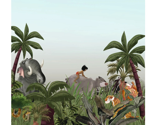 Jungle scène met Mowgli, Baloe, Shere Khan, slang en olifant tussen tropische planten als wanddecoratie