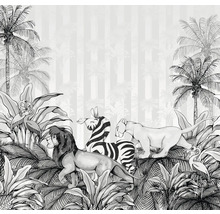 Decoratief behang met jungle thema's, waaronder een leeuw, zebra en palmboom.