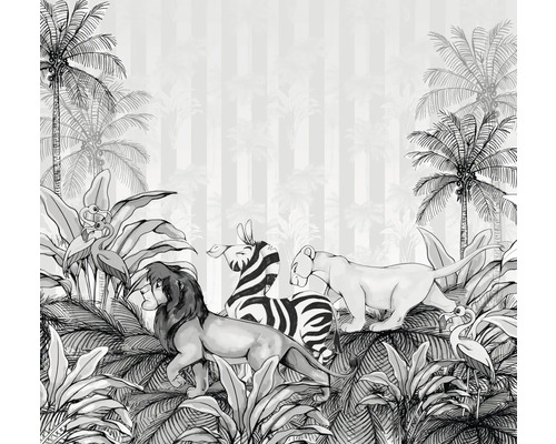 KOMAR Fotobehang vlies DX6-009 Disney Edition 4 Lion King Monochrome 300x280 cm Decoratief behang met jungle thema's, waaronder een leeuw, zebra en palmboom.