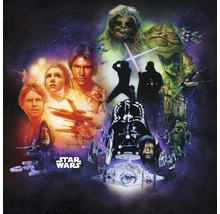 Star Wars collage met verschillende personages en ruimteschepen