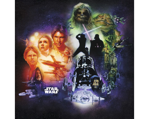 Star Wars collage met verschillende personages en ruimteschepen