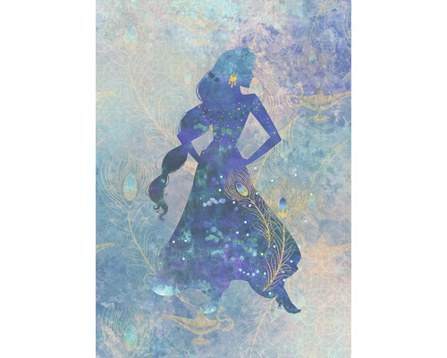 KOMAR Fotobehang vlies DX4-081 Disney Edition 4 Jasmin Silouhette 200x280 cm Illustratie van een vrouwensilhouet tegen een achtergrond met pauwenveren en een olielamp