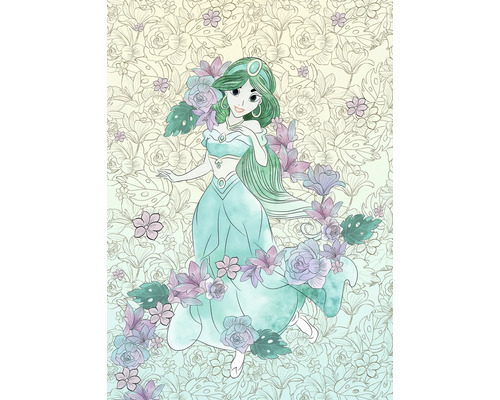 KOMAR Fotobehang vlies DX4-080 Disney Edition 4 Jasmin Pale Flowers 200x280 cm Illustratie van een vrouwelijk figuur met bloempatronen op de achtergrond.