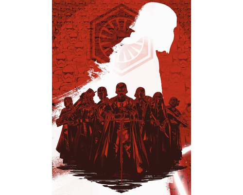 Illustratie van krijgers met helmen en capes tegen een achtergrond van stormtroopers