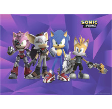 Sonic Prime tekenfilmfiguren op een paarse achtergrond