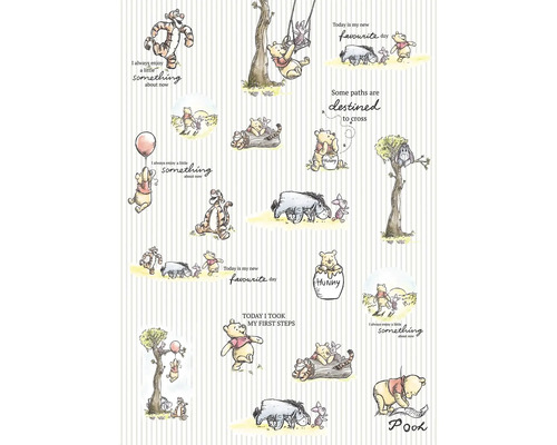 Illustratie van Winnie de Poeh en zijn vrienden op een gestreepte achtergrond