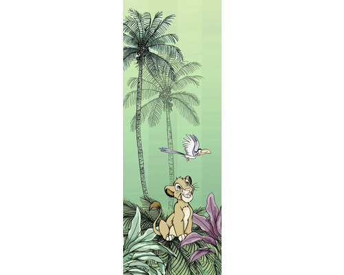 Illustratie van een leeuwenwelp met palmbomen en een vogel