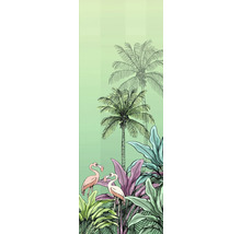 Illustratie met palmbomen, tropische planten en flamingo's