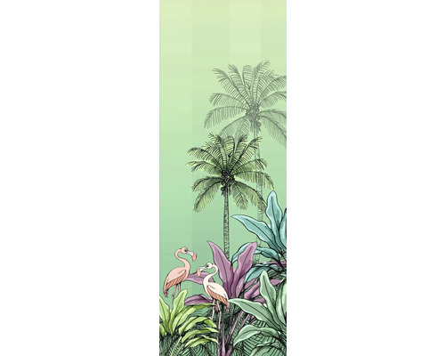 Illustratie met palmbomen, tropische planten en flamingo's