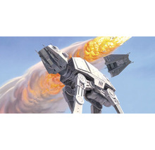 Illustratie van een AT-AT gevechtsloper met ruimteschip op de achtergrond