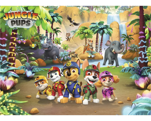 Jungle Pups illustratie met pups, jungle dieren en tropisch landschap.