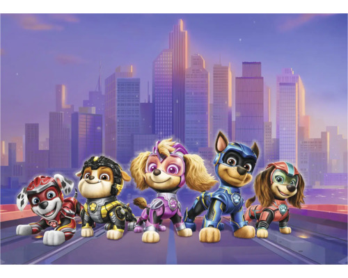 Vijf Paw Patrol-honden in superheldenoutfits voor een stadsgezicht.