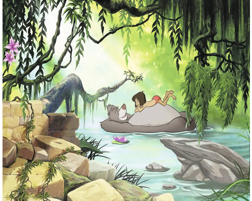 KOMAR Fotobehang papier 8-4106 Disney Edition 4 Jungle book Star Warsimming Baloo 368x254 cm Junglescène met Mowgli die op Baloe de beer ligt, omgeven door weelderige vegetatie en water