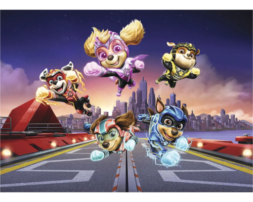 Paw Patrol superhelden die vliegen voor een stadsgezicht