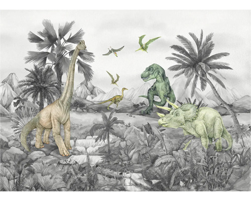 Illustratie van een dinosaurusscène met verschillende soorten dinosaurussen en tropische vegetatie
