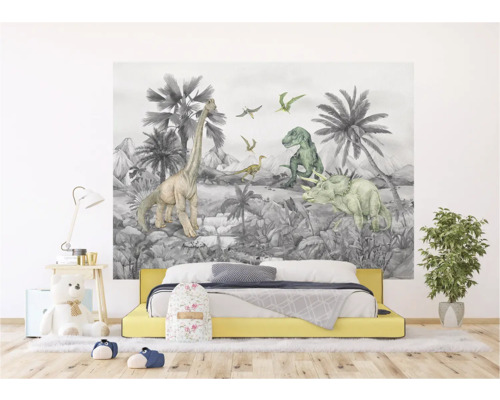 Kinderkamer met fotobehang van dinosaurussen, geel bed en decoraties