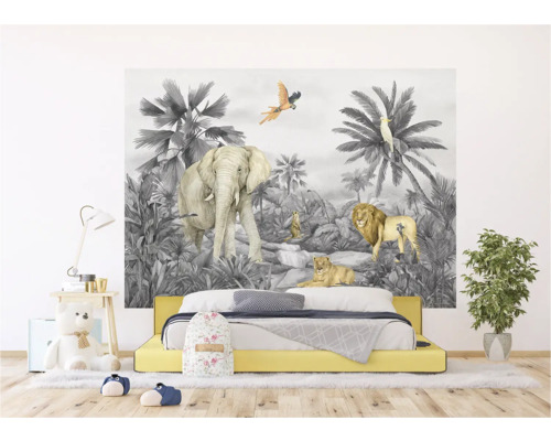 Fotobehang met jungle motief, olifant, leeuwen en palmen in de kinderkamer