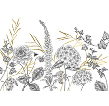 Decoratief behang met bloemmotief van dahlia's, vingerhoedskruid en hortensia's