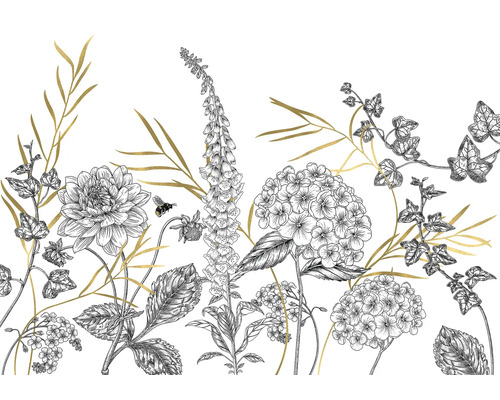 Decoratief behang met bloemmotief van dahlia's, vingerhoedskruid en hortensia's