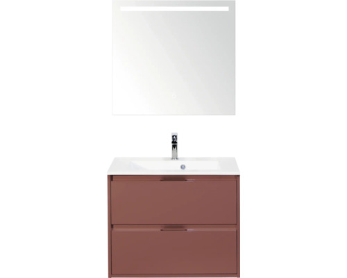 SANOX Badkamermeubelset Porto roest rood 70 cm met twee lades incl. kunststenen wastafel met één kraangat en spiegel met verlichting Wastafelmeubel met spiegel en onderkast voor de badkamer