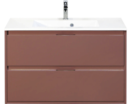 SANOX Badkamermeubelset Porto roest rood 90 cm met twee lades incl. kunststenen wastafel met één kraangat Wastafelonderkast met twee laden, opzetwastafel en kraan
