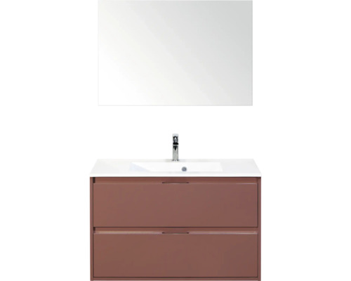 SANOX Badkamermeubelset Porto roest rood 90 cm met twee lades incl. kunststenen wastafel met één kraangat en spiegel Wastafelmeubel met wastafel, kraan en spiegel