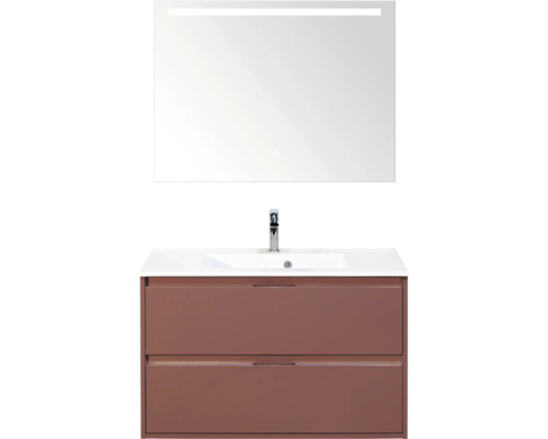SANOX Badkamermeubelset Porto roest rood 90 cm met twee lades incl. kunststenen wastafel met één kraangat en spiegel met verlichting Wastafelmeubel met spiegel en twee lades voor de badkamer