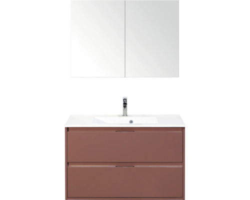 SANOX Badkamermeubelset Porto roest rood 90 cm met twee lades incl. kunststenen wastafel met één kraangat en spiegelkast Wastafelcombinatie met spiegelkast, wastafel, kraan en onderkast met lades